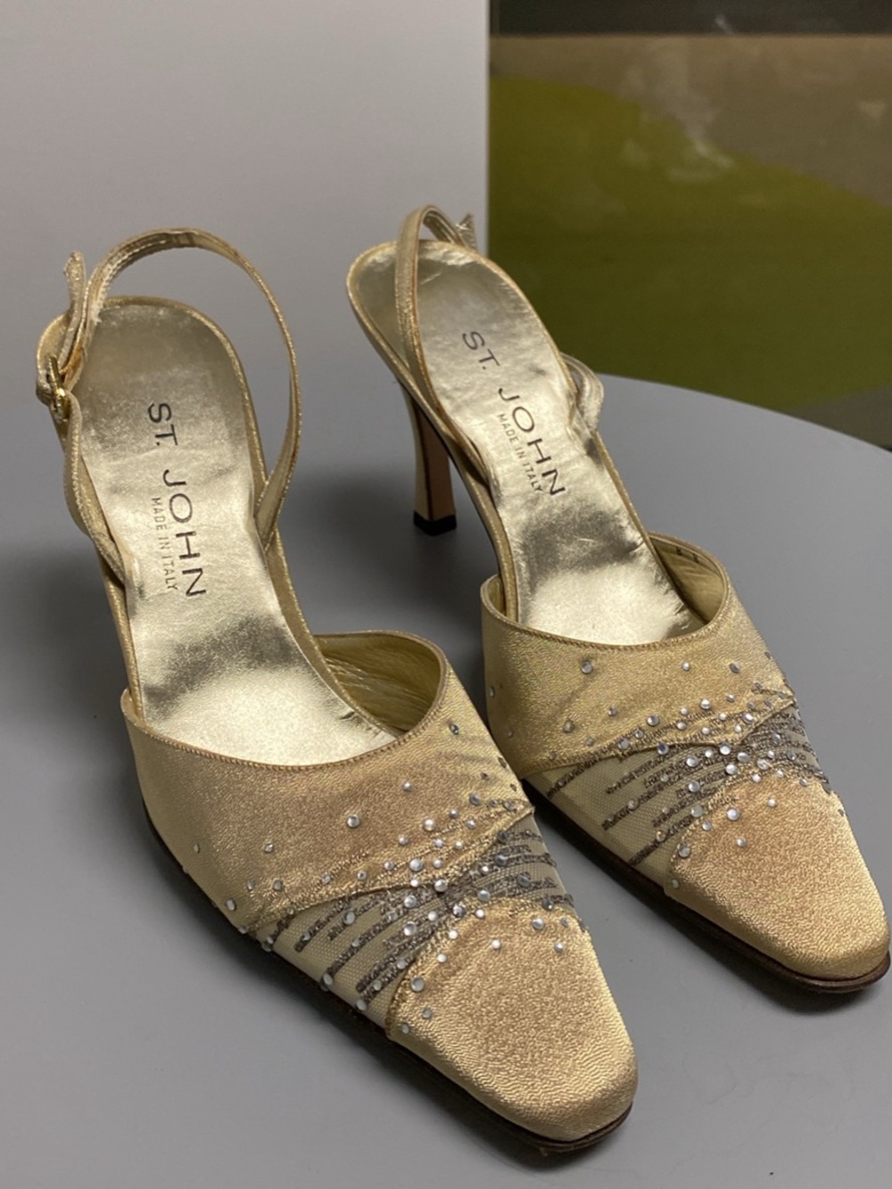 St. John Gold Satin Rhinestone Slingback Heels